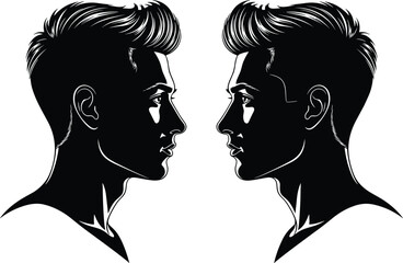 Male face silhouette vector illustration, mirrored man profile portrait, black and white symmetrical head design, minimalist human side view graphic, modern monochrome artwork © Hello World