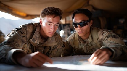 Fototapeta premium Army leadership training exercise with officer candidates navigating team through complex problem solving challenge, perfect for military leadership development, officer training concept, army