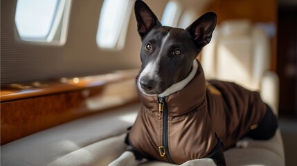 Dog wearing custom fitted protective travel boots and jacket before boarding a small private aircraft, perfect for pet private air travel, dog flight clothing, luxury pet transport, modern pet