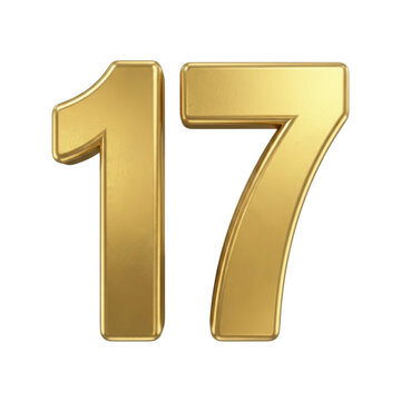 Golden number seventeen 3D rendering isolated on a clean surface