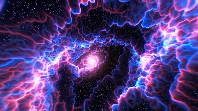 Cosmic journey traveling through a colorful nebula wormhole. Futuristic journey flying through a colorful wormhole in deep space with stars and cosmic dust
