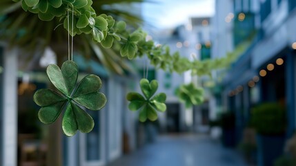 Fototapeta premium St Patrick Day celebration with green decorations, shamrock symbols, and festive parade in an Irish city street, perfect for March holiday, Irish cultural tradition, green festive decor, spring