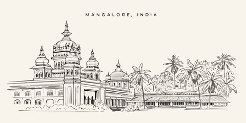 Mangalore India A detailed sketch of a temple and palm trees © Ratan