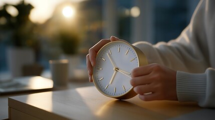 Daylight saving time concept with person adjusting clock forward one hour while spring morning light fills room, perfect for March seasonal change, time adjustment tradition, spring clock change,