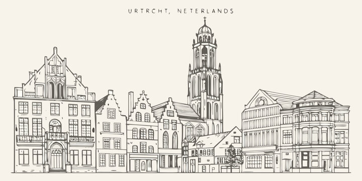 Detailed sketch of utrecht s iconic dom tower and historic buildings
