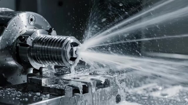 Medium shot of a highpressure coolant thread mill cutting metal showcasing powerful internal coolant jets cooling the tool tip and enhancing cutting efficiency.