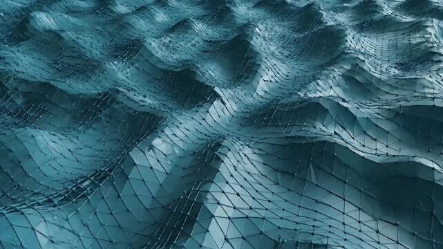 3D-rendered abstract landscape of undulating surfaces connected by a network of lines