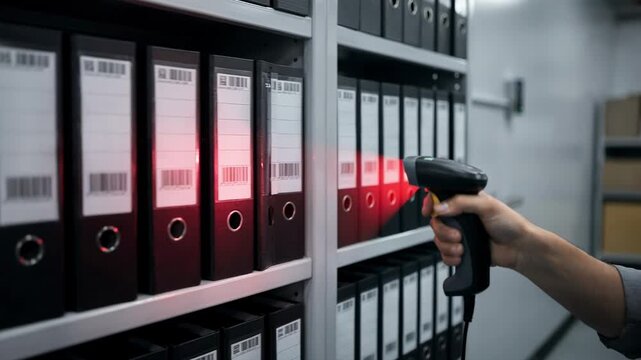 Medium shot of a person organizing binders with barcodes on shelves demonstrating the integration of barcode scanning in IoT systems for precise stock monitoring and asset