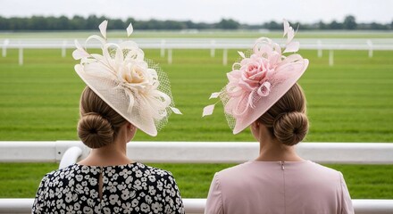 Women in elegant hats looking at horse race on green field  