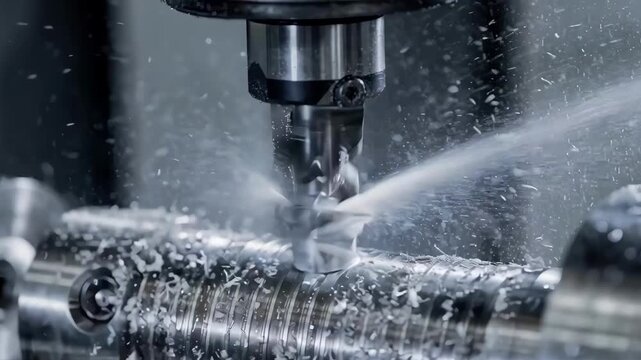 Medium shot focused on mist coolant thread milling capturing fine coolant spray enveloping the tool tip to minimize friction and improve surface finish.