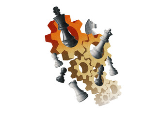 Vintage  Strategy Collage with Chess Pieces and Checkered Board