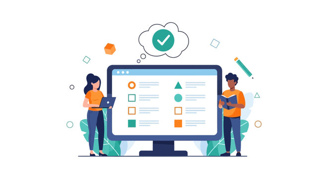 Online Quiz and Test Completion. E-learning Students Pass Digital Examination, Survey Checklist Success, Vector Illustration.