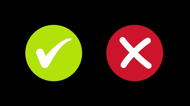 Animated pop-up green check mark and red cross X symbol on a transparent background. A checkmark in and out motion graphics animation. Video footage of yes or no, true or false with alpha channel