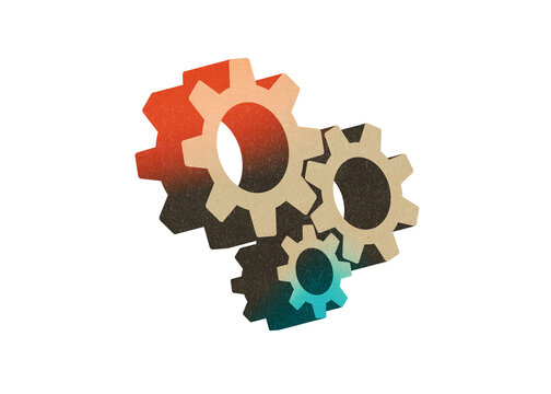 Vertical cascade of colorful industrial gears mechanism collage