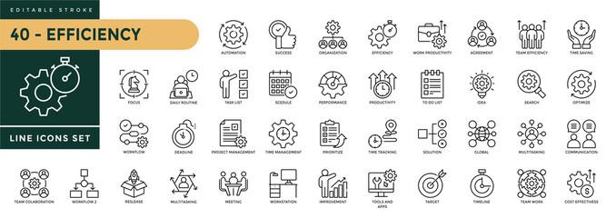 A collection of Efficiency icons set with editable stroke, including time management, performance, productivity, optimization, resource utilization, workflow, team. Thin linear vector illustration. © Trisula Icons