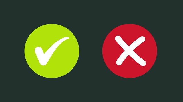 Animated pop-up green check mark and red cross X symbol on a transparent background. A checkmark in and out motion graphics animation. Video footage of yes or no, true or false with alpha channel.