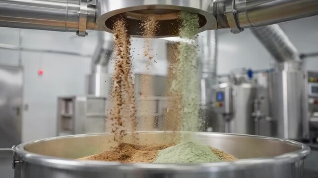Medium shot focused on instant tea powders and flavor enhancers combining seamlessly in a controlled environment with advanced dust extraction in the mixing facility.