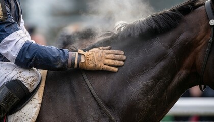 Jockey touching horse's neck with gloved hand at horse racing event  