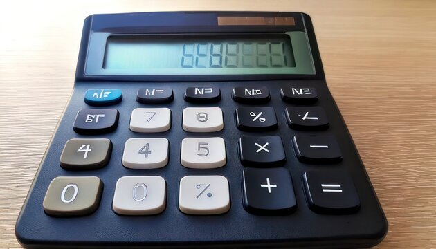 Calculator on a wooden surface displaying a number.
