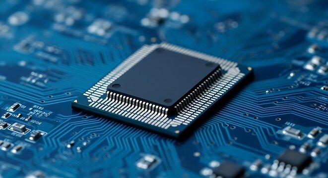 Close-up view of a microprocessor on a complex circuit board