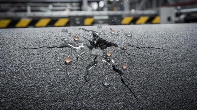 Medium shot showcasing protective cover material with selfrepairing microcapsules sealing minor abrasions against impact in an industrial environment.