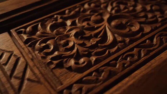 Detailed close-up of intricately carved, dark wooden surface, showcasing ornate floral design