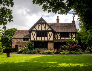 Tudor-style house framed by lush greenery and a cloudy sky, showcasing architecture
