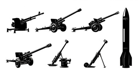 Fototapeta premium War Silhouette Mega Pack – Heavy Weapon Artillery and Missile System Vector Set Isolated on White