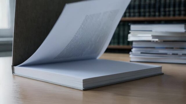 Focused shot on a style guidebook for science monographs with blurred reference shelves and manuscripts in a calm editorial workspace.