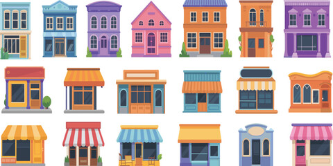 Collection of colorful small shop storefronts and boutique facades, flat vector retail buildings set, urban commercial exteriors bundle, local business architecture icons isolated illustration