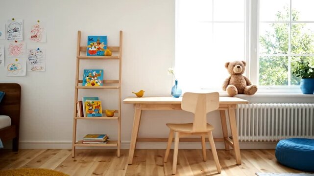 Bright bedroom interior with children's artwork displayed on the wall.