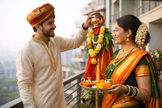 Traditional Gudi Padwa/Padva/Ugadi celebration with colorful rangoli and festive decorations