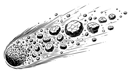 Flying comet or asteroid with rock debris trail hand drawn © Tomas
