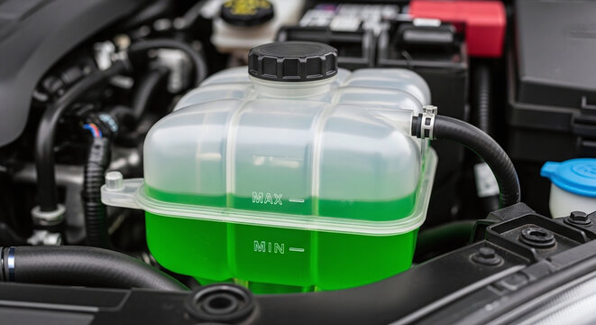 Coolant reservoir with bright green liquid, essential for engine cooling system maintenance