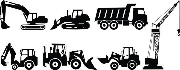Construction vehicles silhouette icon set, vector heavy machinery equipment collection, excavator bulldozer dump truck crane loader tractor designs, editable black graphics illustration © Thomas Crections