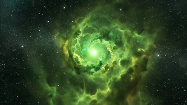 A vibrant cosmic nebula swirls with shades of green, yellow, and blue, speckled with stars