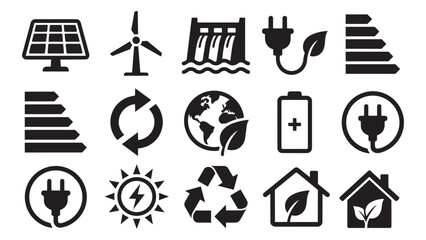 Eco-Friendly Energy and Sustainability Icons - Vector Set of Line Art Symbols for Green Power, Environmental Conservation, and Renewable Resources