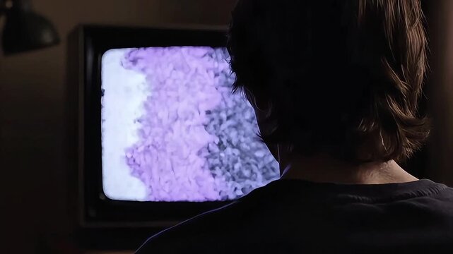 Person Watching No Signal Television Screen