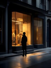 Fototapeta premium Person standing outside clothing store at night gazing into illuminated display window with garments, dramatic contrast, fashion retail, consumer lifestyle concept