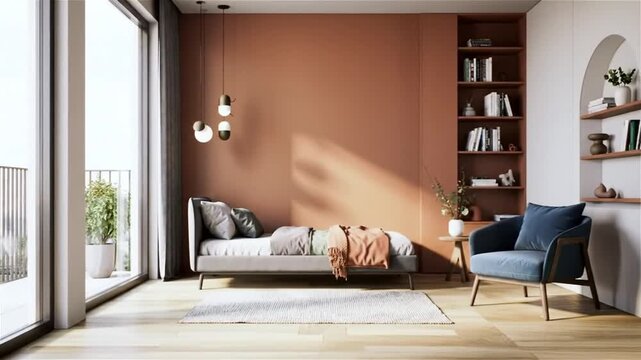 Modern bedroom with terracotta accent wall, shelving, and cozy armchair.