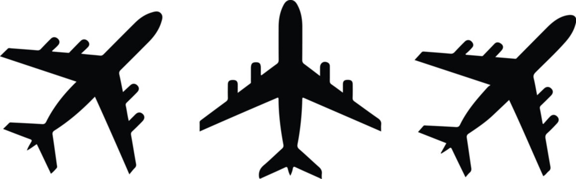 Simple Flat Airplane Symbol Vector Set with Black Plane Silhouettes for Web, App and Infographic Design