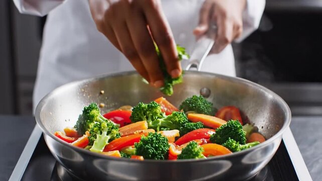 Chef cooking fresh vegetables in stainless steel pan