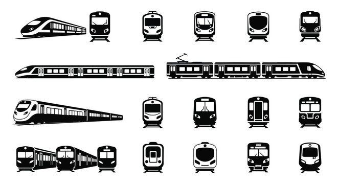 A collection of various train designs displayed in a minimalist black and white style showcasing front and side views silhouette high quality