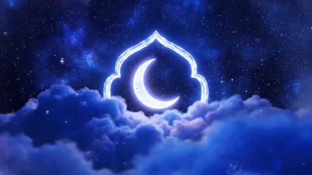 Golden lantern through night cloud toward moon arch gate shape detail