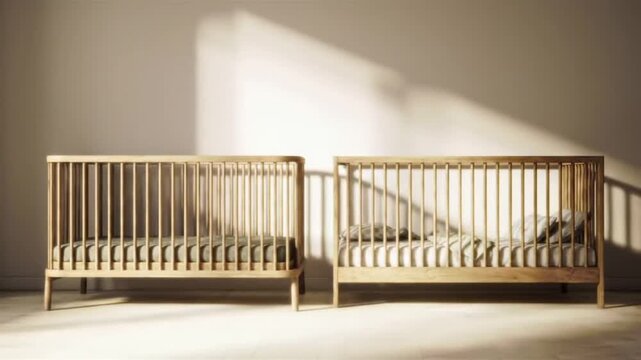 Two wooden cribs with bedding stand against a neutral wall indoors.