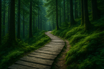 Fototapeta premium Serene forest path with wooden walkway through lush greenery