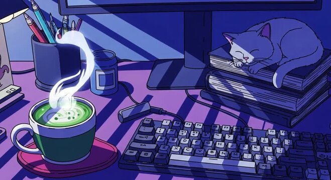 Sleeping Cat on books with coffee cup and keyboard, Gentle Animation, Lofi Background