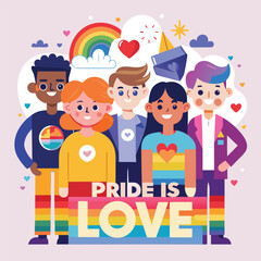 Fototapeta premium A diverse group of people celebrate pride and love standing before a vibrant rainbow high quality