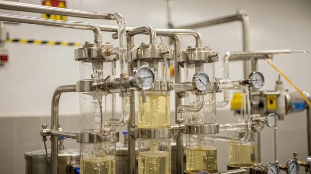 Medium shot showing filtration machinery processing sugar syrup highlighting clarity and quality control during the final stages of production.