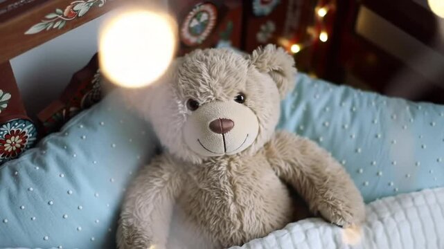 Cozy teddy bear rests comfortably tucked in bed with soft blankets.